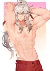  1boy abs arms_behind_head arms_up closed_mouth grey_hair high_ponytail highres honkai:_star_rail honkai_(series) jing_yuan long_hair male_focus mole mole_under_eye muscular muscular_male navel nipples pants red_pants solo stomach topless_male white_hair yellow_eyes zhineart 