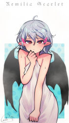  ahoge bat_wings blue_hair blush breasts carte covering_privates ear_blush female looking_at_viewer messy_hair naked_towel nude_cover pointy_ears red_eyes remilia_scarlet short_hair small_breasts solo touhou towel white_towel wings 