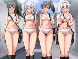  4girls absurdres alternate_hairstyle bag black_socks blue_eyes blue_sky blurry blush bra breasts cleavage cloud commentary_request commission day depth_of_field feet_out_of_frame grey_hair hairband haruna_(kancolle) highres kaga_(kancolle) kantai_collection kashima_(kancolle) looking_at_viewer medium_breasts multiple_girls nose_blush outdoors panties pixiv_commission ponytail red_hairband red_wristband road shoukaku_(kancolle) side_ponytail sky socks thigh_gap twintails underwear underwear_only variant_set white_bra white_hair white_panties yellow_wristband zanntetu 