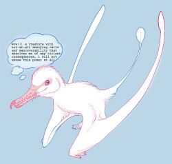  ambiguous_gender beak blue_background english_text entitycore feral hi_res path_of_titans prehistoric_species pterosaur reptile rhamphorhynchus scalie simple_background solo tail text thought_bubble 