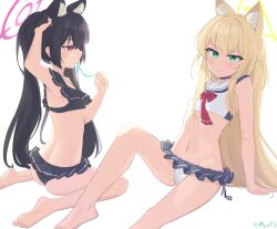  2girls absurdres adjusting_hair alternate_costume animal_ear_fluff animal_ears arm_support armpits ass bare_back bare_legs barefoot bikini black_bikini black_choker black_hair blonde_hair blue_archive bow breasts cat_ears cat_girl choker commentary english_commentary extra_ears fox_ears fox_girl frilled_bikini frills green_eyes groin hair_between_eyes hair_ribbon hairbow halo highres knee_up kurumi_(blue_archive) long_hair looking_at_viewer multiple_girls myuf navel official_alternate_costume red_eyes ribbon sailor_collar serika_(blue_archive) serika_(swimsuit)_(blue_archive) sidelocks simple_background sitting small_breasts soles stomach swimsuit toes twintails two_side_up wariza white_background white_bikini white_sailor_collar 