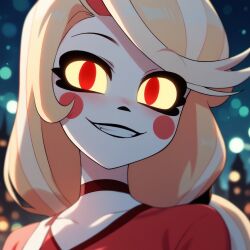  ai_generated autismmix_pony(model) black_lipstick blush bokeh charlie_morningstar_(hazbin_hotel) choker clothed glowing_eyes hazbin_hotel night_sky shirt smile stable_diffusion teeth upper_body 