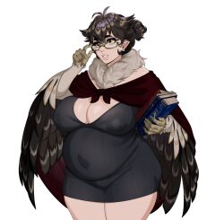  animal_hands antenna_hair art_moira bags_under_eyes black_dress black_eyeshadow black_feathers book book_stack breasts brown_hair cape claws cleavage corruption_of_champions_2 covered_nipples dress earrings eyeshadow eyewear_strap feather_hair feathered_wings feathers female game_asset hair_bun harpy holding holding_book huge_breasts jewelry lips lystra_(corruption_of_champions) makeup monster_girl neck_fur parted_lips pearl_earrings plump pointy_ears pregnant red_cape red_sash sash self-datamine semi-rimless_eyewear solo transparent_background under-rim_eyewear winged_arms wings yellow-framed_eyewear yellow_eyes 