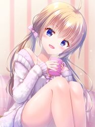  :d absurdres ahoge animal_print bare_legs blonde_hair blue_eyes blush bow breasts camisole cat_print checkered_pillow chest_ribbon cleavage commentary cup dot_nose feet_out_of_frame female fluffy_clothes frilled_camisole frills getsuyoshi hairbow hands_up head_tilt highres holding holding_cup itsumura_haruka jacket knees_up long_sleeves looking_at_viewer low_twintails medium_breasts mug off_shoulder pajamas pillow pink_bow pom_pom_(clothes) print_mug purple_bow purple_camisole purple_jacket purple_pajamas purple_shorts re:stage! shorts sidelocks sitting smile solo spaghetti_strap thighs twintails wallpaper_(object) 