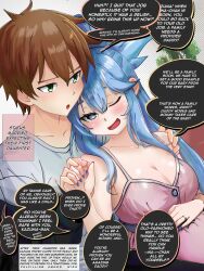  1boy alternate_costume aqua_(konosuba) blue_eyes blue_hair blue_nails blue_shirt blush breasts brown_hair cleavage collarbone commentary_request couple dress english_text female fingernails green_eyes hand_on_another's_shoulder hand_on_own_stomach highres holding_hands hug hug_from_behind husband_and_wife indoors jewelry kono_subarashii_sekai_ni_shukufuku_wo! kotlight long_fingernails long_hair looking_at_another medium_breasts nail_polish pink_dress portuguese_commentary pregnant ring satou_kazuma shirt short_hair sitting sleeveless sleeveless_dress spaghetti_strap speech_bubble straight upper_body 