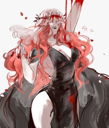  arm_up black_cape black_dress blood blood_drip blood_from_eyes blood_on_arm blood_on_clothes blood_on_face blood_on_hand breasts cape commentary covered_eyes dress elidyss english_commentary falling_petals female glass_shards highleg highres original pale_skin petals red_hair red_petals simple_background solo thighs veil veil_over_eyes white_background white_veil 