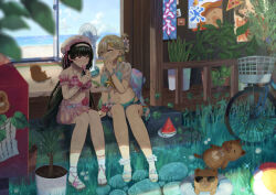  2girls absurdres aqua_bikini beret bicycle bikini bikini_skirt black_hair blonde_hair blush breasts chisa_(peach_parfait)_(wuthering_waves) chisa_(wuthering_waves) commentary_request day food food_in_mouth fruit_earrings hand_up hat highres large_breasts long_hair lynae_(peppermint)_(wuthering_waves) lynae_(wuthering_waves) multiple_girls namipon_(wuthering_waves) napori06 navel nose_blush official_alternate_costume pink_bikini pink_eyes plaid_bikini plaid_clothes popsicle popsicle_in_mouth see-through_clothes see-through_shirt shirt sitting skirt stomach swimsuit whispering white_hat white_shirt white_skirt wuthering_waves 
