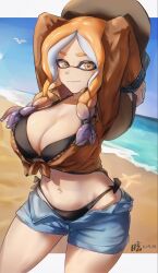  arms_behind_head arms_up beach bikini bikini_bottom_under_shorts bikini_under_clothes bird black_bikini braid breasts brown_eyes brown_hair brown_shirt cleavage closed_mouth collarbone commentary commission cowboy_shot dated day daze_illust denim denim_shorts english_commentary female gradient_hair highres inkling inkling_girl inkling_player_character large_breasts letterboxed light_smile long_sleeves looking_at_viewer multicolored_hair navel ocean open_clothes open_fly open_shirt outdoors purple_hair sand seagull shirt shorts side-tie_bikini_bottom signature solo splatoon_(series) starfish stomach swimsuit tentacle_hair thighs tied_shirt twin_braids 