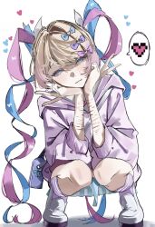  :3 blonde_hair blue_bow blue_eyes blue_hair blue_skirt bow chouzetsusaikawa_tenshi-chan chouzetsusaikawa_tenshi-chan_(needy_girl_overdose_exhibition) commentary_request female hairbow heart highres jacket multiple_hair_bows needy_girl_overdose official_alternate_costume pink_bow pink_hair purple_bow purple_jacket purple_socks quad_tails scar scar_on_arm self-harm self-harm_scar shirt shoes simple_background skirt socks solo speech_bubble spoken_heart squatting sugararu white_background white_shirt white_shoes 