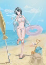  absurdres ahoge arknights bare_legs bare_shoulders beach_umbrella bikini bird bird_girl blue_eyes blue_hair blue_nails breasts bucket cloud cloudy_sky commentary_request feather_hair female frilled_bikini frills goggles goggles_around_neck hair_between_eyes highres holding holding_id_card holding_swim_ring id_card innertube jacket la_pluma_(arknights) la_pluma_(summer_flowers)_(arknights) large_breasts momo_ranx official_alternate_costume open_clothes open_jacket sand sand_castle sand_sculpture sandals scrunchie seagull shovel sky solo standing standing_on_one_leg starfish swim_ring swimsuit toes umbrella white_bikini white_jacket white_scrunchie 