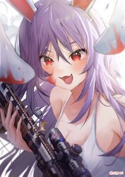  :3 :d absurdres animal_ears ar-15 bare_shoulders blood blood_on_face breasts camisole character_name charm_(object) cirno cleavage commentary crescent english_commentary female fumo_(doll) gun hair_between_eyes heart highres holding holding_gun holding_weapon long_hair looking_at_viewer mole mole_on_breast oerba_yun_fang open_mouth purple_hair rabbit rabbit_ears rabbit_girl red_eyes reisen_udongein_inaba rifle scope simple_background smile solo star_(symbol) sticker touhou twitter_username upper_body weapon white_background white_camisole wwparasi 