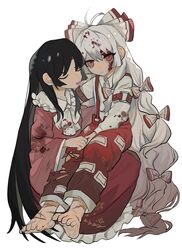  2girls arm_strap barefoot black_hair blood blood_on_clothes blood_on_face bow bowtie closed_eyes closed_mouth collared_shirt commentary_request feet frilled_shirt_collar frilled_skirt frills fujiwara_no_mokou full_body highres houraisan_kaguya long_hair long_sleeves looking_at_viewer multiple_girls ofuda ofuda_on_clothes open_mouth pants pink_shirt red_bow red_eyes red_pants red_skirt scar scar_on_foot shirt shiye_hong simple_background sitting sitting_on_lap sitting_on_person skirt suspenders toes torn_clothes torn_pants touhou two-tone_bow very_long_hair white_background white_bow white_bowtie white_hair white_shirt 