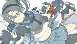  2others abyssal_ship amagiri_(kancolle) amagiri_kai_ni_(kancolle) armor asymmetrical_bangs asymmetrical_clothes bike_shorts black_neckerchief breastplate cowboy_shot dutch_angle female glasses grey-framed_eyewear grey_eyes grey_hair grey_sailor_collar grey_skirt hair_between_eyes kantai_collection long_hair machinery midriff multiple_others neckerchief ninimo_nimo pleated_skirt ponytail pt_imp_group sailor_collar school_uniform serafuku skirt solo_focus undershirt very_long_hair 