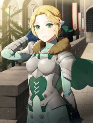  arm_behind_head armor armored_dress blonde_hair bridge cape female fire_emblem fire_emblem:_three_houses green_cape green_eyes green_hairband hairband highres image_sample ingrid_brandl_galatea looking_at_viewer md5_mismatch pixiv_sample resolution_mismatch shibainu smile source_larger 