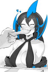  1boy absurdres blush breasts closed_eyes eating feeding female fins fish head_fins heart highres large_breasts long_hair niwarhythm original partially_submerged ripples saliva sameko_(niwarhythm) shark_girl sharp_teeth sling_bikini_top smile teeth water 