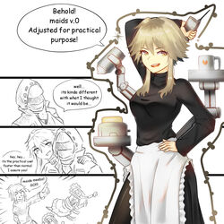  1other ahoge alternate_costume ambiguous_gender apron arknights black_sweater blonde_hair breasts cake coffee_mug cup doctor_(arknights) english_text enmaided female food highres holding holding_phone large_breasts maid maid_apron mayer_(arknights) meeboo_(arknights) mug najashi phone sweater white_background 