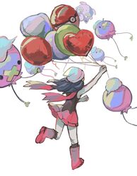  anzu_(01010611) balloon beanie black_hair boots commentary dawn_(pokemon) drifloon female floating_hair floating_scarf hair_ornament hairclip hat heart_balloon highres holding holding_string jigglypuff kneehighs leg_up long_hair pink_footwear pink_scarf pink_skirt pokemon pokemon_(creature) pokemon_dppt scarf shirt skirt sleeveless sleeveless_shirt socks speech_bubble string symbol-only_commentary white_background white_headwear 