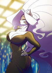  anthro big_breasts big_hair black_body black_fur breasts ceiling_lamp chloe_sinclaire cleavage closed_eyes clothed clothing conditional_dnp dress female fur glowing hair hands_on_hips jollyjack lamp mammal mephitid skunk solo white_body white_fur white_hair 