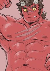  1boy abs armpit_hair bara broken_horn brown_hair colored_skin completely_nude demon_boy facial_hair highres horns koginoro long_sideburns looking_at_viewer male_focus mature_male monster_boy muscular muscular_male navel nipples nude oerba_yun_fang oni_horns orgus_(f-kare) pectorals red_skin scar scar_on_chest scar_on_face scar_on_nose short_hair shoukan_yuusha_to_f-kei_kareshi sideburns smile solo stomach stubble tied_hair tusks upper_body 