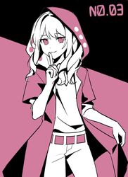  1other akiyama_mizuki belt closed_mouth coat commentary cosplay cowboy_shot finger_to_mouth flat_color high_contrast hood hooded_coat index_finger_raised kagerou_project kano_shuuya kano_shuuya_(cosplay) long_hair looking_at_viewer monochrome numbered pants pink_belt pink_coat pink_eyes pink_theme project_sekai shirt short_sleeves side_ponytail sidelocks smile solo symbol-only_commentary waka_(wk4444) white_hair white_pants white_shirt 