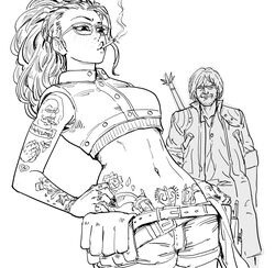  1boy absurdres arm_tattoo bb_(baalbuddy) belt cigarette closed_eyes coat commentary crop_top dante_(devil_may_cry) devil_may_cry_(series) devil_may_cry_5 english_commentary facial_hair female fingernails freckles glasses greyscale highres midriff monochrome mouth_hold multiple_belts nail_polish navel nico_(devil_may_cry) ponytail pouch short_hair shorts simple_background smile smoke smoking solo_focus stubble sword tattoo weapon weapon_on_back white_background 