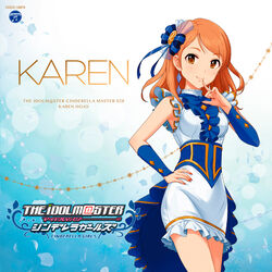  absurdres album_cover blue_bow blue_ribbon blue_sleeves bow breasts brown_eyes character_name closed_mouth copyright_name cover detached_sleeves dress female floating_hair gradient_background hair_ribbon hairbow hand_on_own_hip highres hojo_karen idolmaster idolmaster_cinderella_girls kurogoma long_hair looking_at_viewer medium_breasts nail_polish official_art orange_hair orange_nails ribbon short_dress sleeveless sleeveless_dress smile solo standing swept_bangs white_dress 