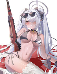  absurdres bikini black_bikini black_bow black_choker black_gloves blue_archive blush bow breasts choker clenched_teeth dark-skinned_female dark_skin demon_girl demon_tail embarrassed eyewear_on_head female gangbyeon gloves groin gun hair_over_one_eye hairbow halo hand_up highres holding holding_gun holding_weapon iori_(blue_archive) iori_(swimsuit)_(blue_archive) long_hair looking_at_viewer medium_breasts multi-strapped_bikini_bottom navel nervous official_alternate_costume open_mouth red_eyes side-tie_bikini_bottom sitting solo stomach striped_bikini striped_clothes sunglasses swimsuit tail teeth twintails underboob very_long_hair weapon weapon_behind_back white_hair 