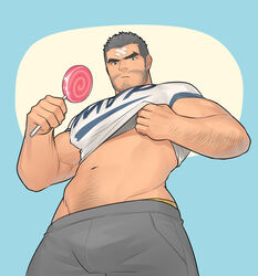  1boy arm_hair bad_id bad_pixiv_id bandaid bandaid_on_face bandaid_on_forehead bara beard bulge candy character_request check_character clothes_lift cosplay cosplay_request covered_nipples facial_hair food from_below frown grey_pants hunterkay large_pectorals league_of_legends lifting_own_clothes lollipop long_sideburns looking_at_viewer male_focus mature_male midriff_peek muscular muscular_male navel navel_hair original pants pectorals pout shirt shirt_lift short_hair sideburns solo stomach stubble white_shirt 