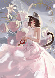  :o animal_collar animal_ears bare_arms breasts brown_hair cat_ears cat_girl cat_girl_(saraki) cat_tail collar commentary_request dress feathers female flower highres holding holding_collar jewelry looking_at_viewer medium_breasts nail_polish original pendant pink_flower pink_rose red_collar red_eyes red_nails rose saraki short_hair signature sleeveless sleeveless_dress solo standing tail tail_raised unworn_collar veil wedding_dress white_dress white_flower 