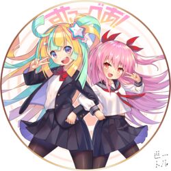  2girls :d amakawa_hano bettle_(b_s_a_n) black_legwear black_skirt blazer blonde_hair blue_eyes blue_hair bow bowtie hair_ornament hairbow hairclip highres himekuma_ribon jacket locked_arms long_hair long_sleeves looking_at_viewer multicolored_hair multiple_girls neckerchief open_mouth pantyhose pink_hair pose re:act red_bow red_bowtie red_eyes red_neckerchief school_uniform serafuku skirt smile star_(symbol) star_hair_ornament two-tone_hair v virtual_youtuber 