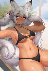  :o absurdres animal_ear_fluff animal_ears bare_shoulders beach bikini black_bikini blush bow breasts brown_eyes collarbone commentary_request cowboy_shot dark-skinned_female dark_skin day female hair_between_eyes hairbow highres large_breasts long_hair looking_at_viewer mathew_(srmmk_mce) navel o-ring o-ring_bikini original outdoors palm_tree red_bow sitting solo stomach sweat swimsuit tail tree twintails underboob very_long_hair white_hair 