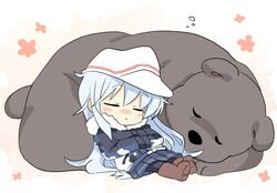  animal bear black_pantyhose blue_skirt boots brown_footwear camouflage check_commentary closed_eyes commentary commentary_request female grey_hair hands_on_own_chest hibiki_(kancolle) highres hizuki_yayoi jacket kantai_collection long_hair pantyhose pleated_skirt sitting skirt sleeping verniy_(kancolle) verniy_(saury_festival)_(kancolle) white_headwear 