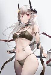  arknights armlet artist_name bare_shoulders bikini black_bikini black_ribbon blush breasts cleavage collarbone cowboy_shot female flower gradient_background grey_background grey_hair hair_flower hair_ornament hammer highres holding holding_hammer holding_weapon infection_monitor_(arknights) jewelry large_breasts long_hair looking_at_viewer masai_no_senshi mudrock_(arknights) mudrock_(silent_night)_(arknights) navel necklace official_alternate_costume parted_lips pointy_ears purple_eyes ribbon solo stomach swimsuit twitter_username underboob very_long_hair weapon yellow_flower 