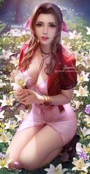  aerith_gainsborough bracelet breasts brown_hair commentary cropped_jacket dress female final_fantasy final_fantasy_vii final_fantasy_vii_remake flower grass green_eyes hair_ribbon holding holding_flower jacket jewelry lips long_hair looking_at_viewer medium_breasts nose open_clothes open_jacket parted_lips patreon_username pink_dress pink_flower pink_ribbon plant red_jacket red_lips ribbon short_sleeves signature solo squatting sunlight thighs white_flower wickellia 