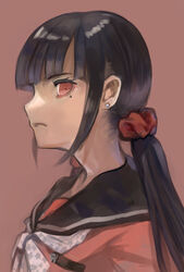  black_hair black_sailor_collar blunt_bangs bow closed_mouth danganronpa_(series) danganronpa_v3:_killing_harmony earrings female from_side frown hair_ornament hair_scrunchie harukawa_maki highres jewelry long_hair looking_at_viewer looking_to_the_side low_twintails mai_yukari mole mole_under_eye profile red_background red_eyes red_scrunchie red_shirt sailor_collar scrunchie shirt solo twintails upper_body 