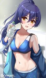  alternate_hairstyle blue_hair blue_sports_bra blush bottle breasts ca_ba_ya_ki commentary female hair_ornament hairclip holding holding_bottle jacket long_hair looking_at_viewer love_live! love_live!_school_idol_project navel ponytail simple_background sonoda_umi sports_bra star_(symbol) star_print sweat water_bottle yellow_eyes 