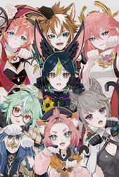  2boys 5girls absurdres animal_ears antlers aqua_eyes bare_shoulders beret black_bra black_gloves black_hair bra breasts brown_hair cat_ears cat_girl cat_tail diona_(genshin_impact) dog_boy dog_ears earrings facial_mark floppy_ears fox_boy fox_ears genshin_impact gloves gorou_(genshin_impact) green_eyes green_hair halo hat highres horns jewelry long_sleeves looking_at_viewer lynette_(genshin_impact) medium_hair multicolored_hair multiple_boys multiple_girls nontraditional_miko paw_pose pink_hair purple_eyes red_headwear shiba_(tonari_no_shiba_inu) short_hair single_earring small_breasts star_(symbol) star_facial_mark streaked_hair sucrose_(genshin_impact) tail tighnari_(genshin_impact) trait_connection underwear white_gloves white_hair white_headwear yae_miko yanfei_(genshin_impact) 