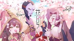  1boy 2018 2girls bare_shoulders blush bottle bowl checkered_clothes checkered_headwear cherry_blossoms detached_sleeves dress drinking eating fairy fingerless_gloves food gloves hair_over_one_eye happy heart highres hiyari_(hiyarilol) holding holding_bottle jhin league_of_legends long_hair long_sleeves lulu_(league_of_legends) mask mechanical_arms morgana_(league_of_legends) multiple_girls nail_polish pink_dress pink_eyes pink_hair pink_headwear pink_nails pix_(league_of_legends) pointy_ears red_eyes single_mechanical_arm striped_sleeves yordle 