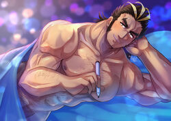  1boy abs absurdres antenna_hair arm_hair bara bare_pectorals bed_sheet blonde_hair blush body_hair brown_hair chest_hair elbow_rest facial_hair green_eyes hairy highres holding holding_pen kageru_(mofnyan) large_pectorals long_sideburns looking_at_viewer male_focus male_pubic_hair mature_male multicolored_hair muscular muscular_male naked_sheet navel navel_hair nipples pectorals pen pubic_hair short_hair sideburns smile solo stomach streaked_hair stubble textless_version thick_eyebrows tokyo_afterschool_summoners yamasachihiko_(housamo) 