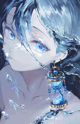  bare_shoulders blue_eyes blue_hair blue_theme close-up collarbone commentary copyright_request ear_piercing earrings english_commentary female hair_between_eyes hourglass hourglass_earrings hyatsu jewelry liquid_hair looking_at_viewer open_mouth original ornament_focus piercing solo topless water 