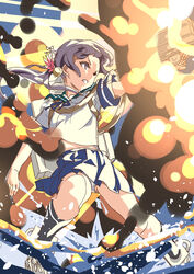  akebono_(kancolle) bell black_socks blue_skirt female firing flower fukami_naoyuki hair_bell hair_flower hair_ornament jingle_bell kantai_collection kneehighs long_hair panties pantyshot pleated_skirt purple_eyes purple_hair school_uniform serafuku short_sleeves side_ponytail skirt socks solo underwear very_long_hair white_panties 