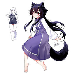  2girls animal_ears barefoot black_hair cosplay costume_switch dress ejami ekko_(ejami) feet fox_ears fox_girl fox_tail furry furry_female long_hair long_sleeves multiple_girls original red_eyes shirt smile tail toriel toriel_(cosplay) undertale very_long_hair 