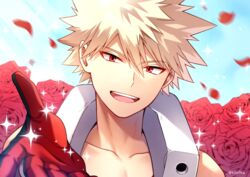  1boy :d bakugou_katsuki black_gloves blonde_hair boku_no_hero_academia collarbone derivative_work flower gloves grey_background koyoka male_focus portrait red_eyes red_flower red_gloves rose screenshot_redraw short_hair smile solo sparkle teeth twitter_username upper_teeth_only 