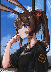  amiya_(arknights) animal_ears arknights black_shirt blue_eyes blue_sky brown_hair close-up cloud expressionless female from_side hand_on_own_cheek hand_on_own_face highres long_hair looking_at_viewer looking_to_the_side loose_clothes loose_shirt multicolored_eyes omuretu_(butterroru) outdoors ponytail rabbit_ears red_eyes red_ribbon ribbon shirt sky solo t-shirt upper_body utility_pole 