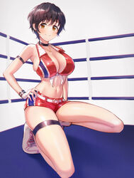  belt breasts brown_eyes brown_hair choker female fingerless_gloves gloves hand_on_own_hip highres idolmaster idolmaster_cinderella_girls jewelry large_breasts legband looking_at_viewer midriff necklace oikawa_shizuku omisoshiru protected_link shirt short_shorts shorts smile solo tied_shirt wrestling_outfit wrestling_ring 