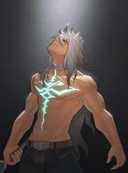  1boy abs bad_id bad_pixiv_id balmung_(fate/apocrypha) bara black_pants bulge dark-skinned_male dark_skin fate/apocrypha fate_(series) highres hunterkay long_hair looking_up male_focus muscular muscular_male navel nipples pants pectorals platinum_blonde_hair siegfried_(fate) solo stomach topless_male 