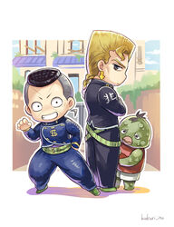  3boys bad_id bad_pixiv_id black_hair blonde_hair brothers chibi diamond_wa_kudakenai dyresbroom earrings facial_hair father_and_son gakuran grey_hair jewelry jojo_no_kimyou_na_bouken male_focus monster multiple_boys nijimura&#039;s_father nijimura_keicho nijimura_okuyasu pompadour school_uniform siblings waving 