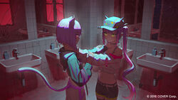  2girls animal_ear_fluff animal_ears bathroom belt bibi_(tokoyami_towa) black_choker black_hoodie black_shorts cat_ears cat_girl cat_tail choker commentary_request company_name copyright_notice crop_top cropped_jacket demon_girl demon_tail fake_horns green_eyes highres hololive hood hoodie horned_headwear horns indoors jacket kenharu long_hair looking_at_another midriff mirror multicolored_hair multiple_girls navel navel_piercing nekomata_okayu nekomata_okayu_(1st_costume) o-ring o-ring_choker off_shoulder official_art piercing pink_hair pointy_ears purple_eyes purple_hair reflection scenery short_hair short_shorts shorts sink streaked_hair tail tile_floor tiles tokoyami_towa tokoyami_towa_(1st_costume) twintails virtual_youtuber white_jacket 