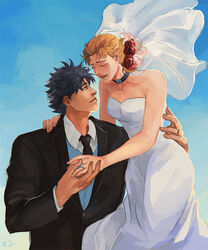  1boy bare_shoulders blonde_hair blue_eyes blue_hair bridal_veil collar couple dress erina_pendleton female husband_and_wife jewelry jojo_no_kimyou_na_bouken jonathan_joestar phantom_blood ring sky straight tuxedo veil wedding_dress wedding_ring white_dress z.i 