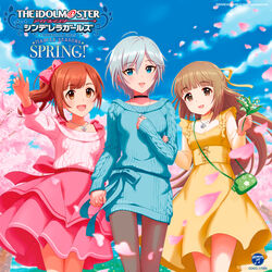  3girls :d album_cover anastasia_(idolmaster) bag black_choker blue_eyes blue_sky blue_sweater blurry blurry_background bow brown_eyes brown_hair brown_legwear cherry_blossoms choker cloud cover day dress floating_hair grey_hair hair_between_eyes hair_ribbon hairbow highres idolmaster idolmaster_cinderella_girls igarashi_kyoko index_finger_raised jewelry kurogoma layered_skirt long_hair looking_at_viewer medium_skirt multiple_girls off-shoulder_sweater off_shoulder official_art open_mouth outdoors pantyhose pendant petals pinafore_dress pink_skirt pink_sweater red_bow ribbed_sweater ribbon shirt short_hair side_ponytail skirt sky sleeveless sleeveless_dress smile summer sweater sweater_dress very_long_hair yellow_dress yellow_ribbon yellow_shirt yorita_yoshino 